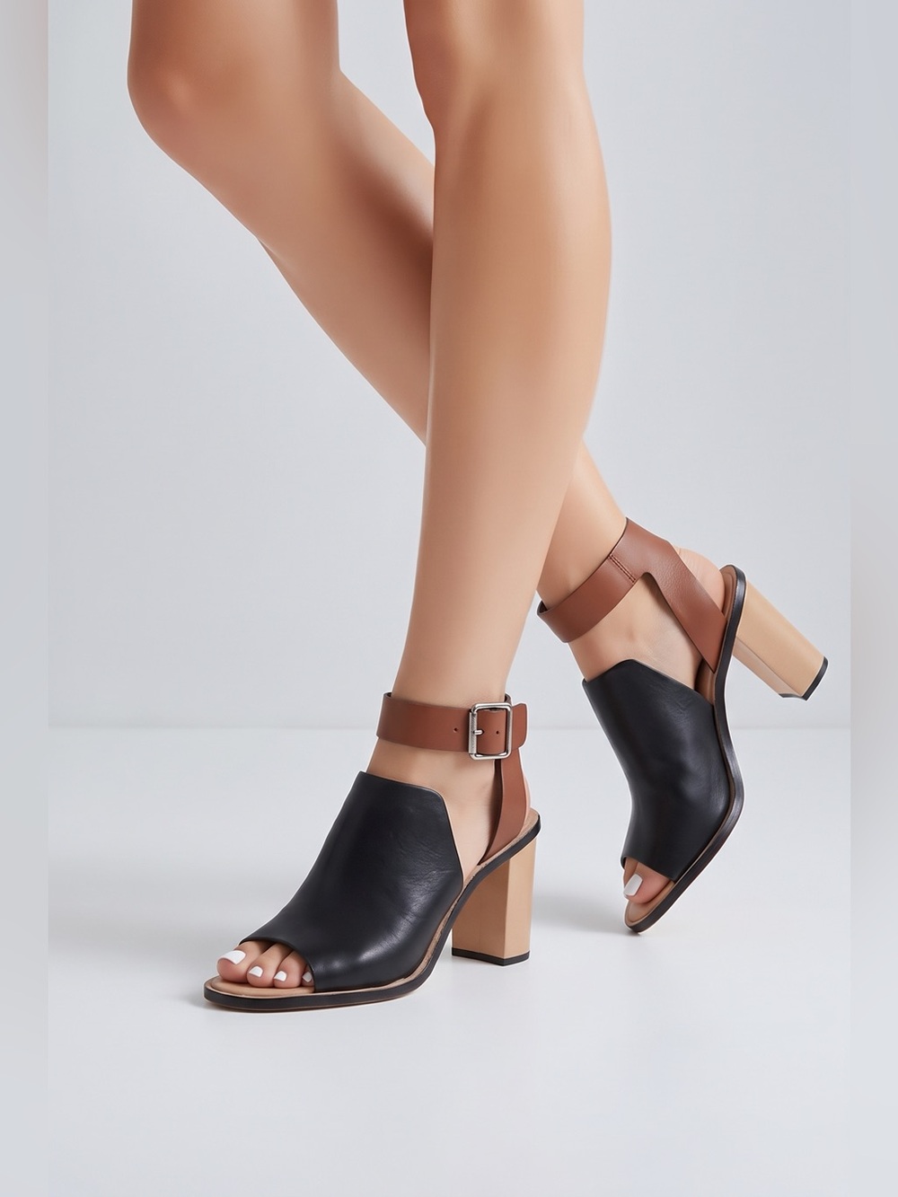 Loeffler Randall Black Cognac Leather Block Heel Sandals 8.5